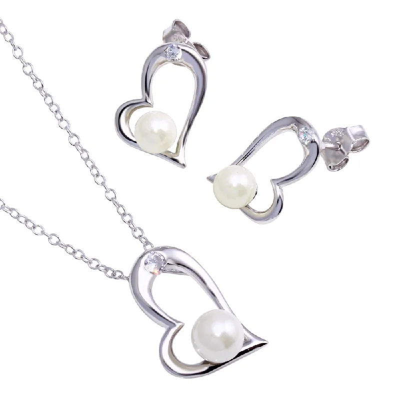 Rhodium Plated 925 Sterling Silver Open Heart Pendant Necklace with Synthetic Pearl and CZ - STS00258