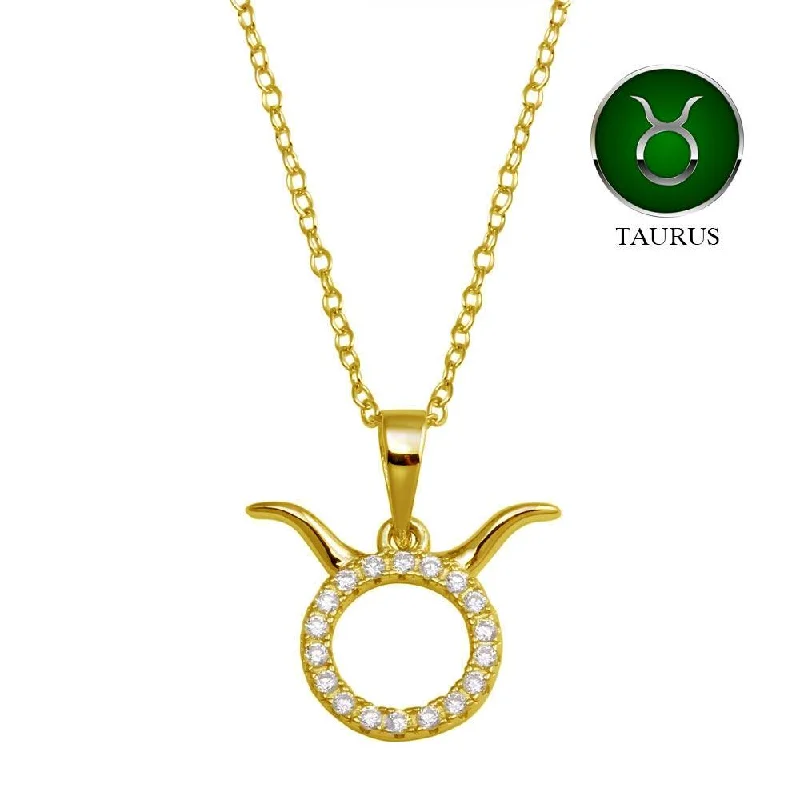 Gold Plated 925 Sterling Silver Taurus CZ Zodiac Sign Necklace - BGP01334GP