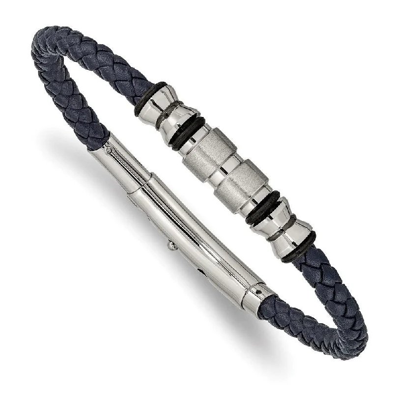 Stainless Steel Brushed & Polished Blk IP/Rubber Blue Leather Adj. Bracelet