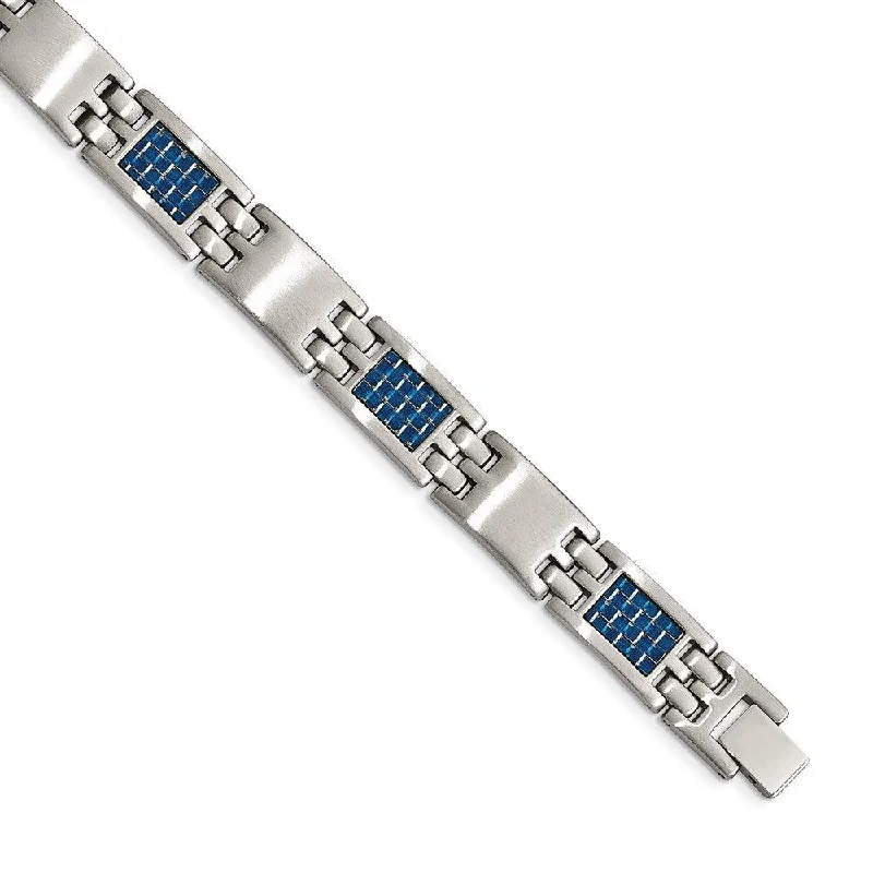 Stainless Steel Brushed with Blue Carbon Fiber Inlay Bracelet