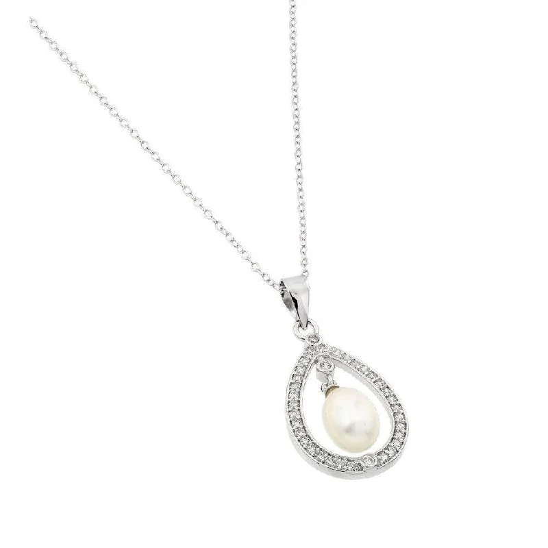 Silver 925 Rhodium Plated Fresh Water Pearl Surrounded by Clear CZ Pendant Necklace - BGP00974