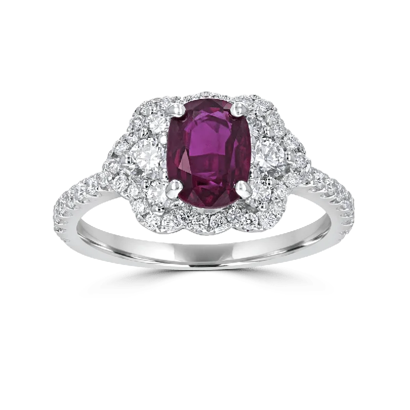 Juleve 18KT 1.60 CT Ruby & .62 CTW Diamond Scallop Cluster Halo Ring