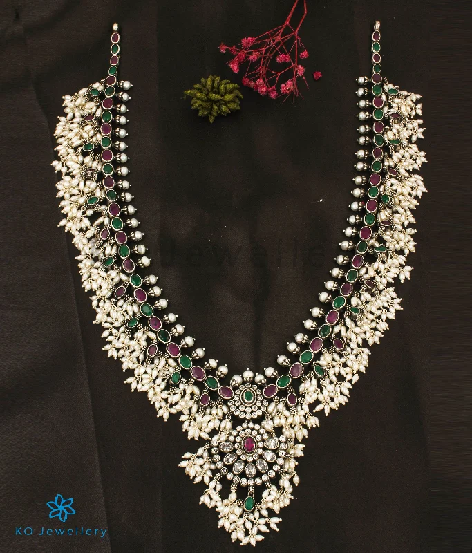 The Tarini Silver Guttapusalu Necklace-Long (Red/Green/Oxidised)