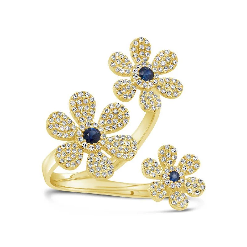 14KT GOLD 0.65 CTW SAPPHIRE & DIAMOND PAVÉ 3 FLOWER RING