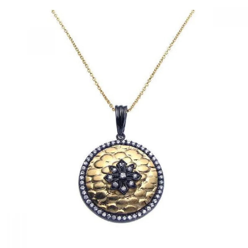 Clearance-Silver 925 Black Rhodium and Gold Plated Clear CZ Circle Round Pendant Necklace - STP00950