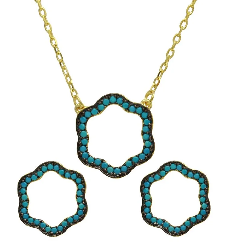 Gold Plated 925 Sterling Silver Open Clover Necklace with Turquoise Beads - BGS00517