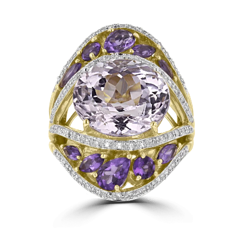 14KT YELLOW GOLD KUNZITE, DIAMOND, AND AMETHYST FASHION RING