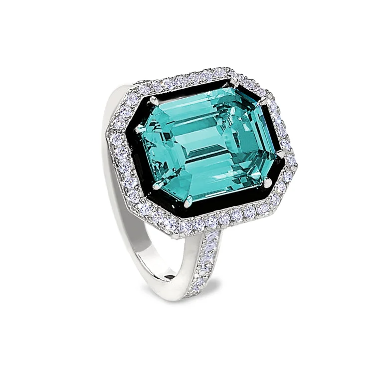 Platinum Finish Sterling Silver Micropave Black Enamel & Aqua Spinel Octagon Ring with Simulated Diamonds - Size 9