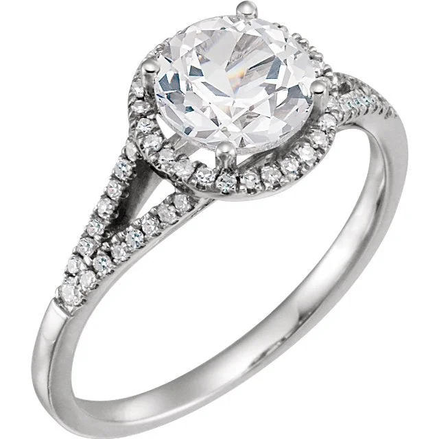 14KT WHITE GOLD 1.85 CT LAB CREATED WHITE SAPPHIRE & 1/6 CTW DIAMOND HALO RING