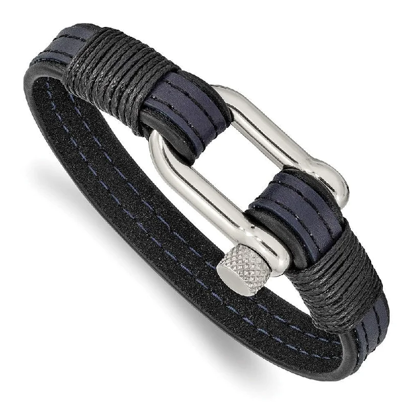 Stainless Steel Polished Black & Blue Leather 8.25in Shackle Bracelet