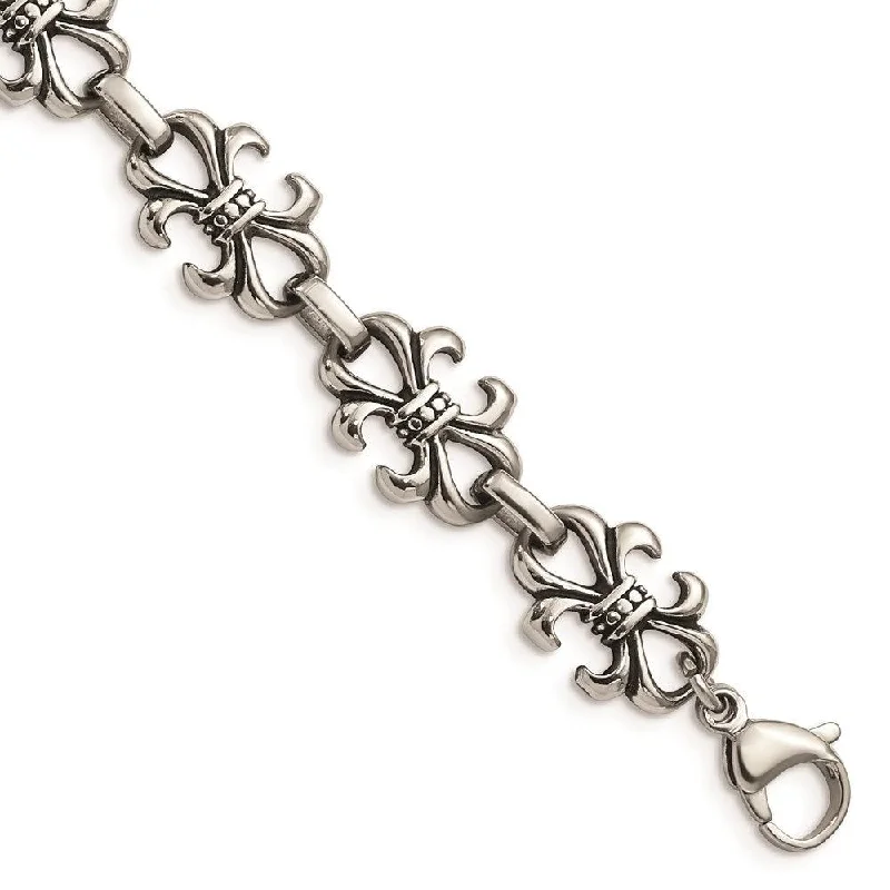 Stainless Steel Polished and Antiqued Fleur de Lis Bracelet