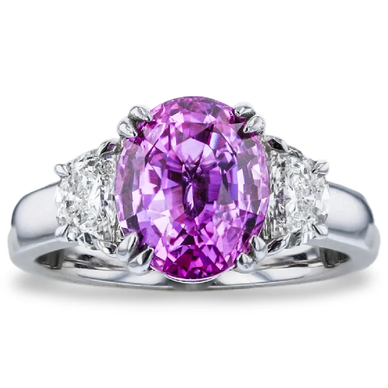 JULEVE 18KT WHITE GOLD 4.62CT PURPLE-PINK SAPPHIRE & 0.65CTW DIAMOND 3 STONE RING