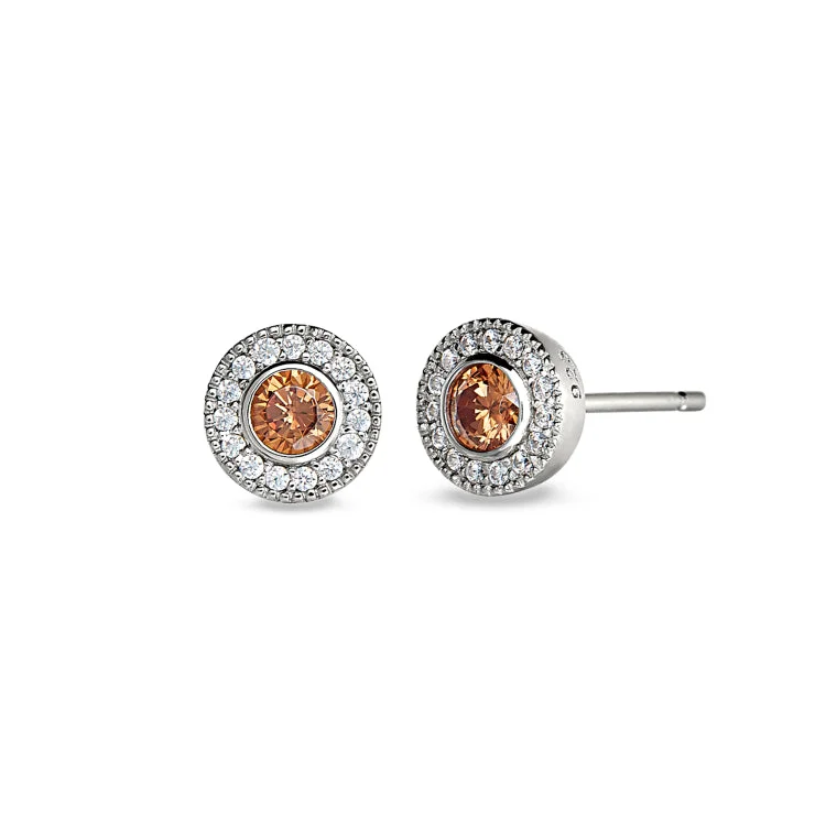 Platinum Finish Sterling Silver Micropave Round Simulated Citrine Earrings with Simulated Diamonds