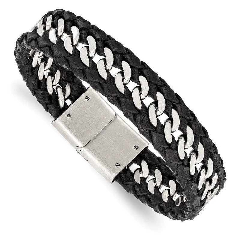 Stainless Steel Brushed Black Leather Bracelet