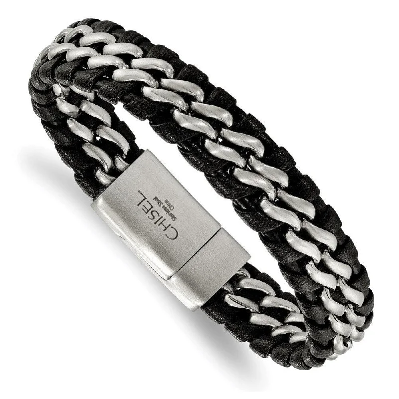 Stainless Steel Brushed Black Leather Bracelet