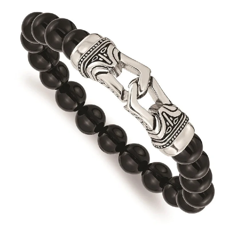 Stainless Steel Polished Antiqued Black Agate Stretch Bracelet