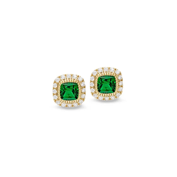 Gold Finish Sterling Silver Micropave Simulated Emerald Earrings with Simulated Diamonds