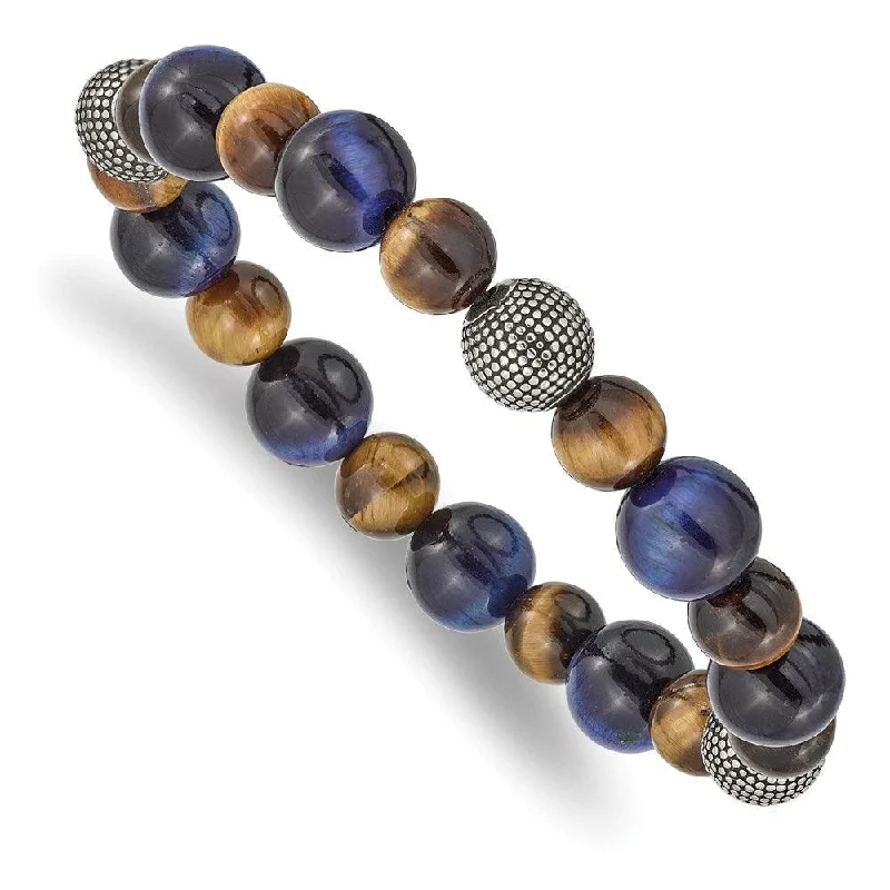 Stainless Steel Antiqued & Polished Brown/Blue Tiger's Eye Stretch Bracelet