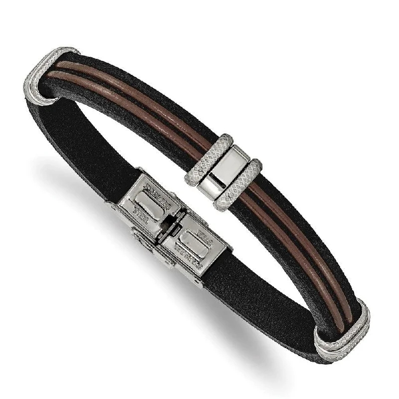 Stainless Steel Polished Black and Brown Leather 8.25in Bracelet