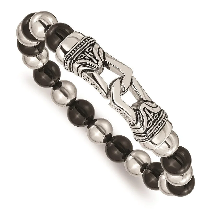 Stainless Steel Polished Antiqued Black Agate Stretch Bracelet