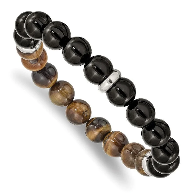 Stainless Steel Polished Black Agate and Tiger's Eye Stretch Bracelet