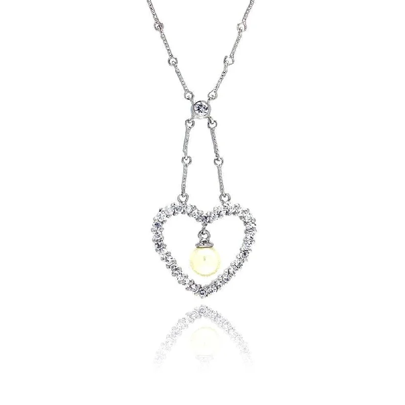 Clearance-Silver 925 Clear CZ Rhodium Plated Pearl Heart Pendant Necklace - BGP00026