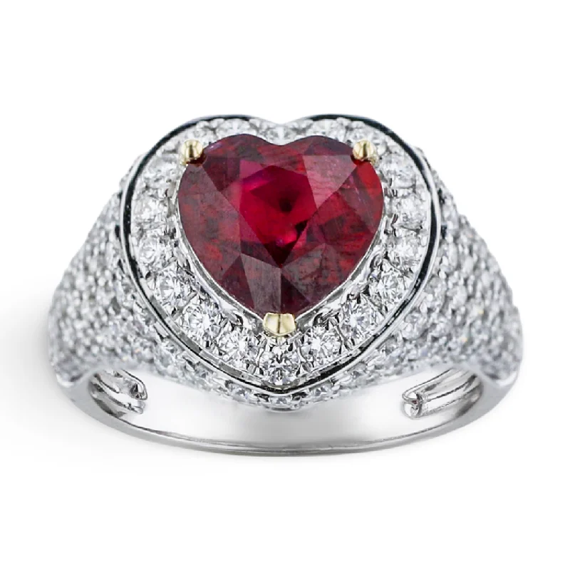 JULEVE 18KT WHITE GOLD 2.61CTW RUBY & 1.29CTW DIAMOND HALO RING