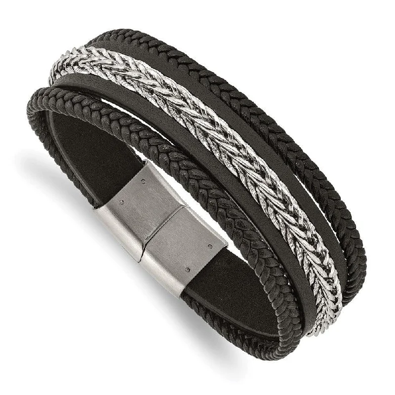 Stainless Steel Polished Multi Strand Black Leather 8.5in Bracelet