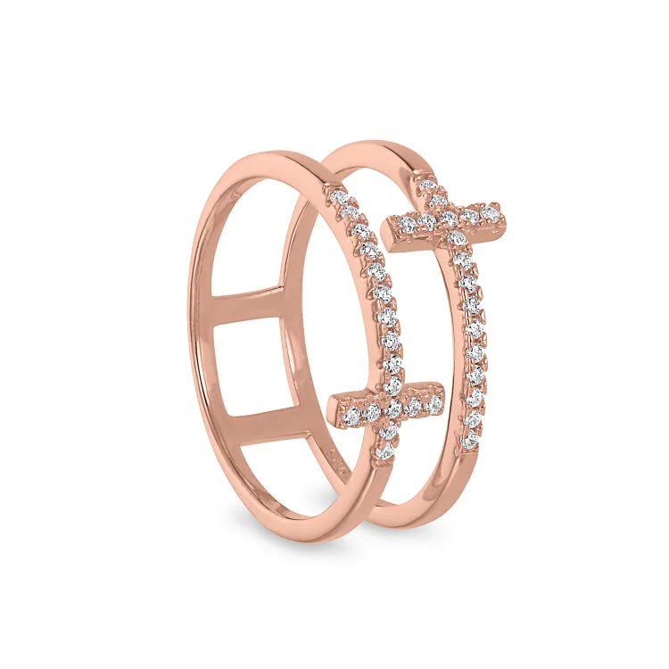 Rose Gold Finish Sterling Silver Micropave Double Cross Ring with Simulated Diamonds