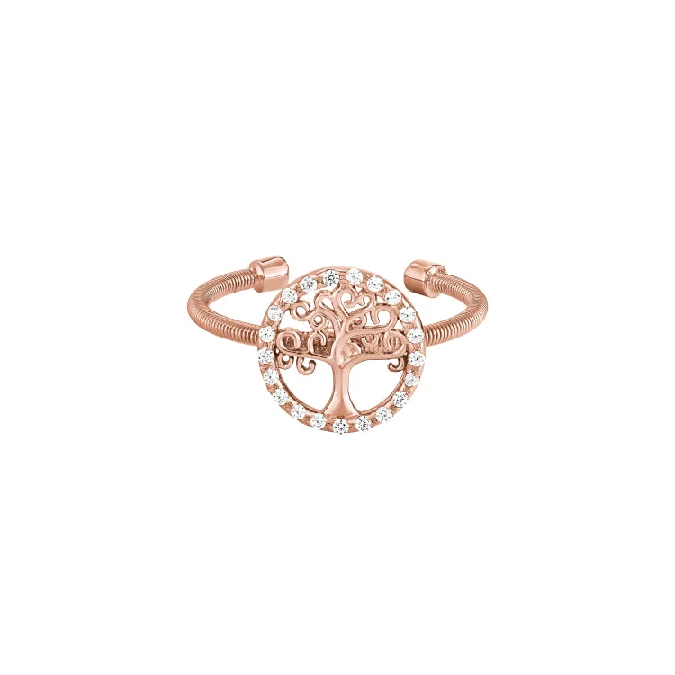 Rose Gold Finish Sterling Silver Cable Cuff Tree Ring with Simulated Diamonds