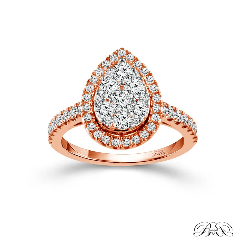 1.00 Ctw Pear Halo Multi Stone Diamond Engagement Ring in 10 Karat Rose Gold