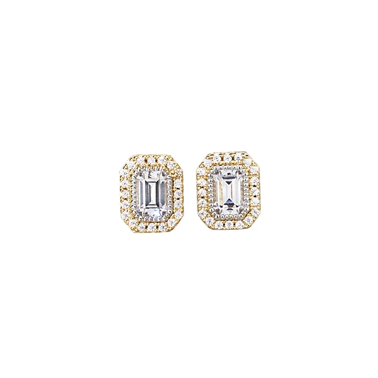 Gold Vermeil and Platinum Finish Sterling Silver Micropave Octagon Earrings with Simulated Diamonds