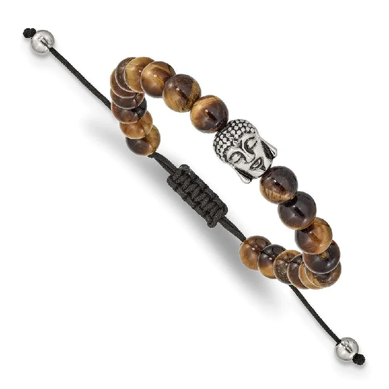 Stainless Steel Polished Tiger's Eye Buddha Adjustable Bracelet