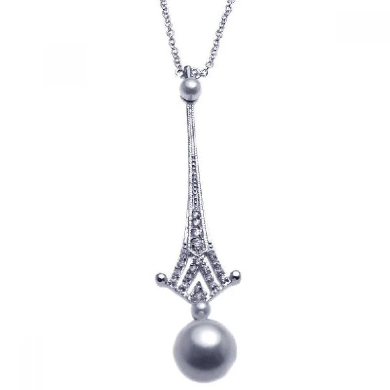 Silver 925 Rhodium Plated Multi Pearl Clear CZ Drop Pendant Necklace - BGN00052