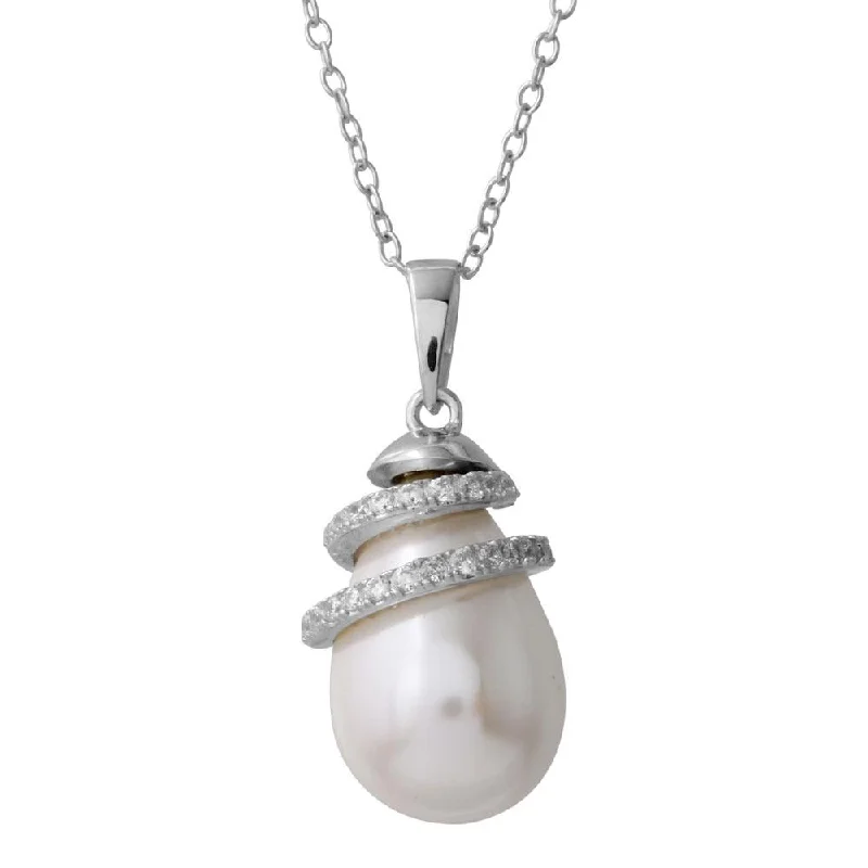 Rhodium Plated 925 Sterling Silver Fresh Water Pearl Necklace with Wrapped CZ - BGP01221