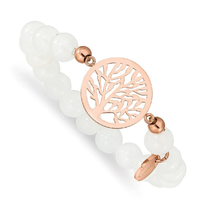 Stainless Steel Polished Rose IP-plated Tree White Jade Stretch Bracelet