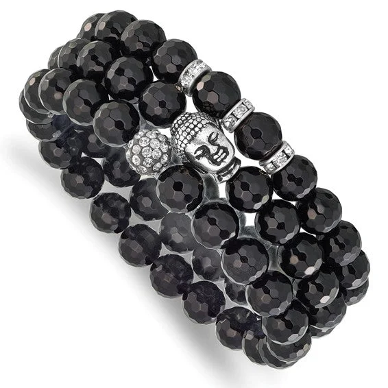 Silver-tone Brass Black Agate and Crystal Buddha Beaded Stretch Bracelet Set