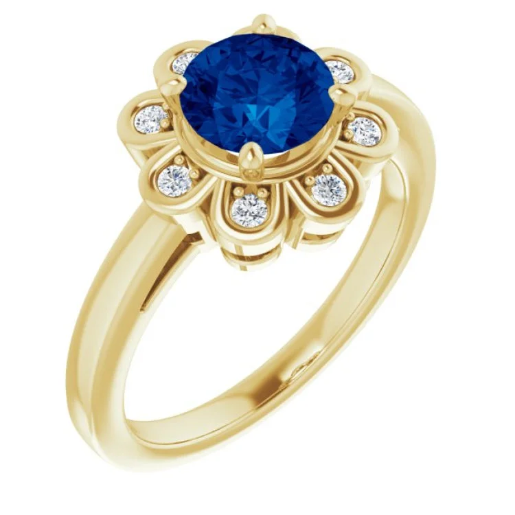 14K Yellow Lab-Grown Blue Sapphire & 1/8 CTW Natural Diamond Ring