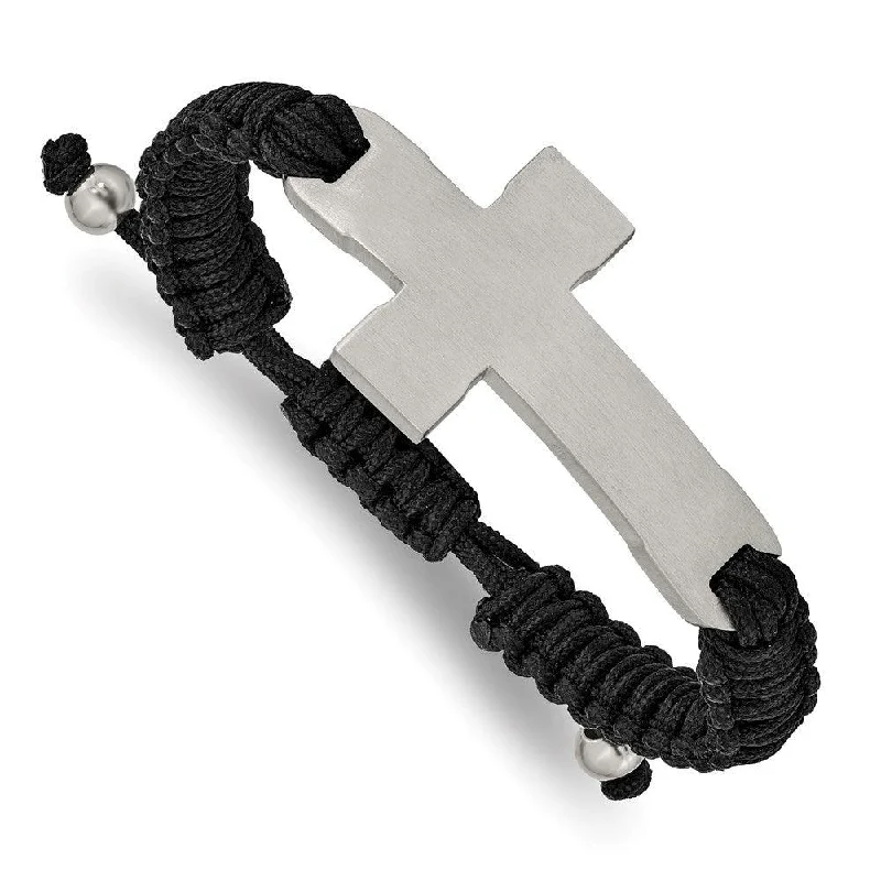 Stainless Steel Brushed and Polished Black Nylon Adjustable Cross Bracelet