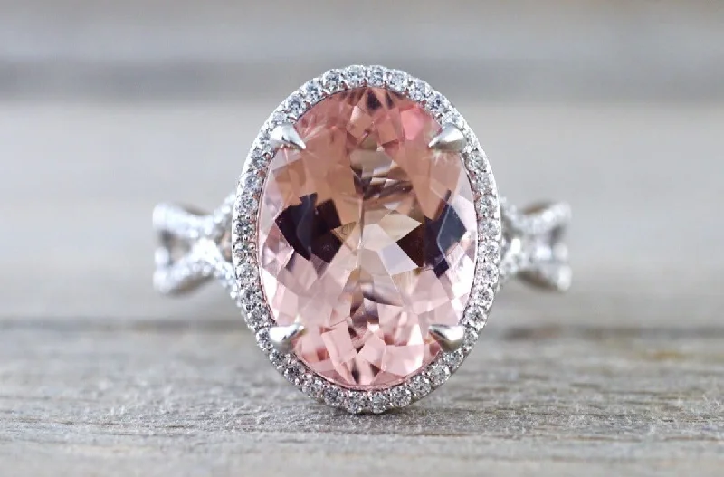 18k White Gold Oval Cut Morganite Peach Champagne Beige Diamond Halo Engagement Ring Vintage Twist Vine Checkerboard 14mm Split Shank