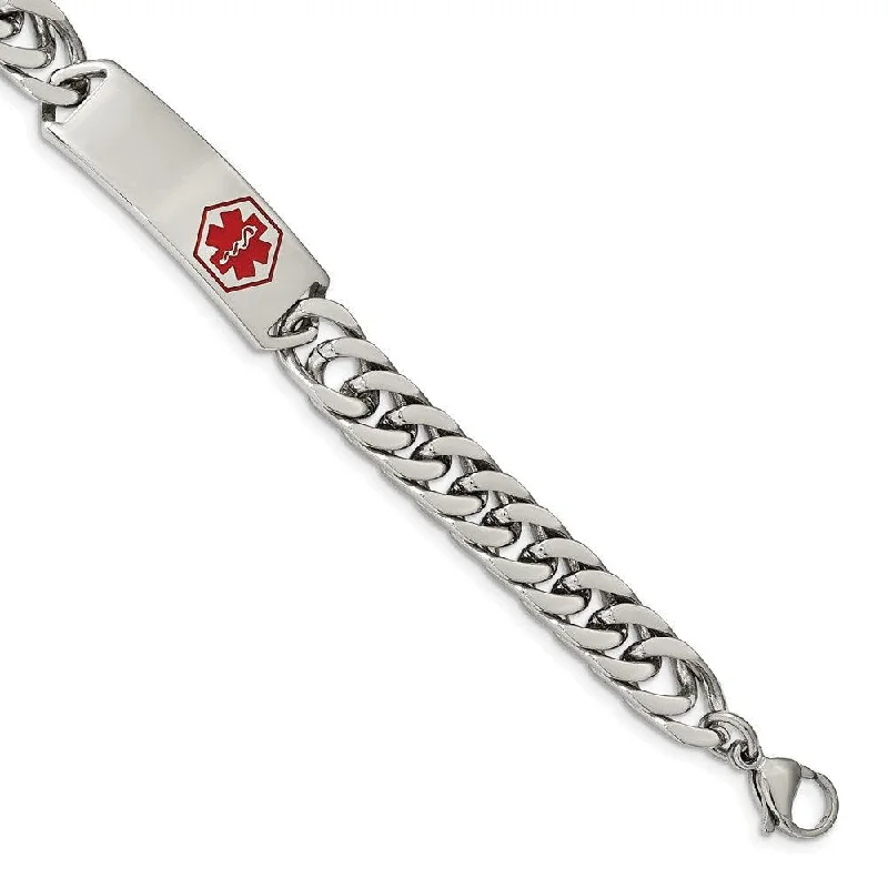 Stainless Steel Polished with Red Enamel 8.5in Medical ID Bracelet