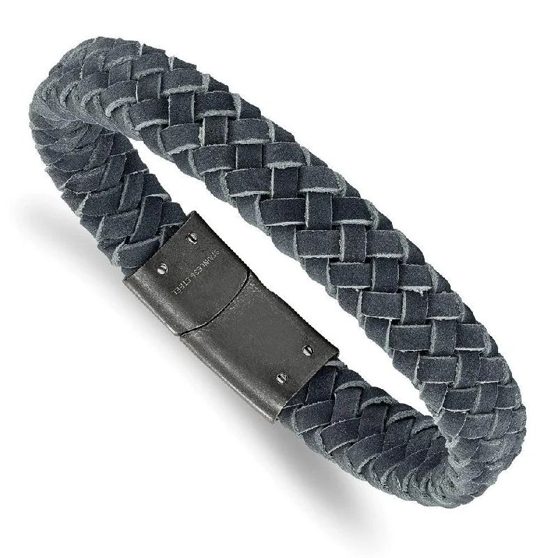 Stainless Steel Brushed Grey Leather Braided 8.5in Bracelet