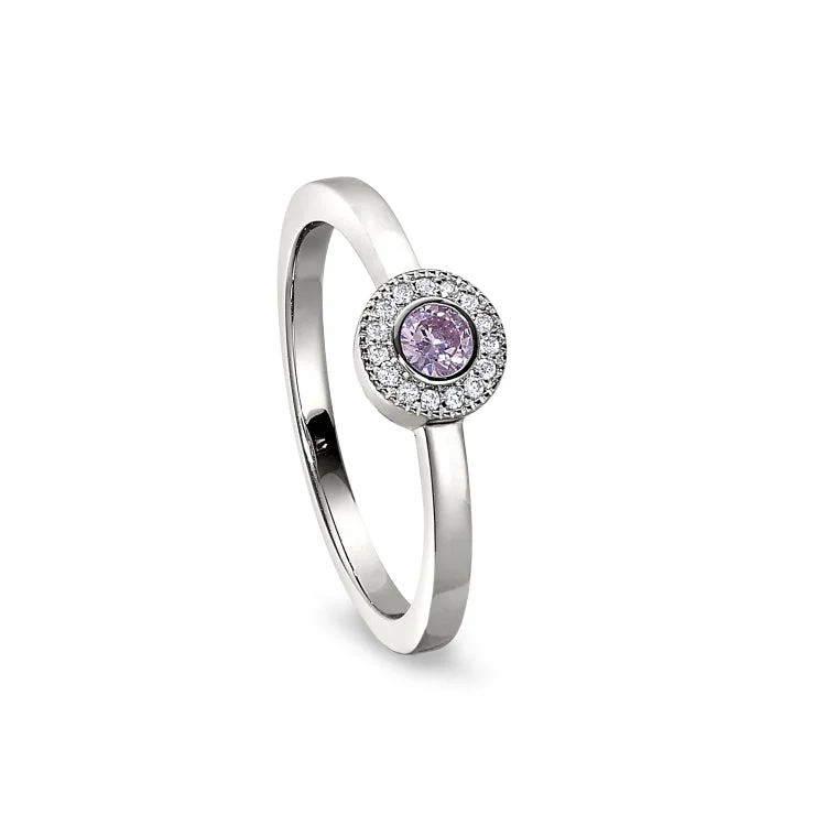 Platinum Finish Sterling Silver Micropave Round Simulated Pink Sapphire Ring with Simulated Diamonds Size 8