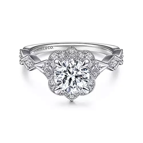 Orsola - Vintage Inspired 14K White Gold Fancy Halo Round Diamond Engagement Ring