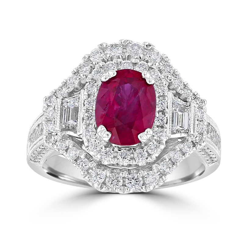 18KT GOLD 1.86 CT RUBY & 1.33 CTW DIAMOND DOUBLE HALO RING